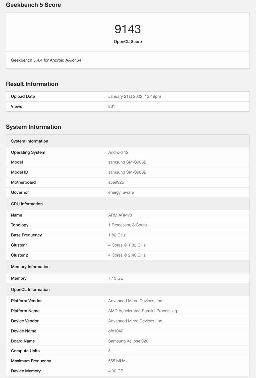 Exynos 2200 Geekbench 5 OpenCLスコア