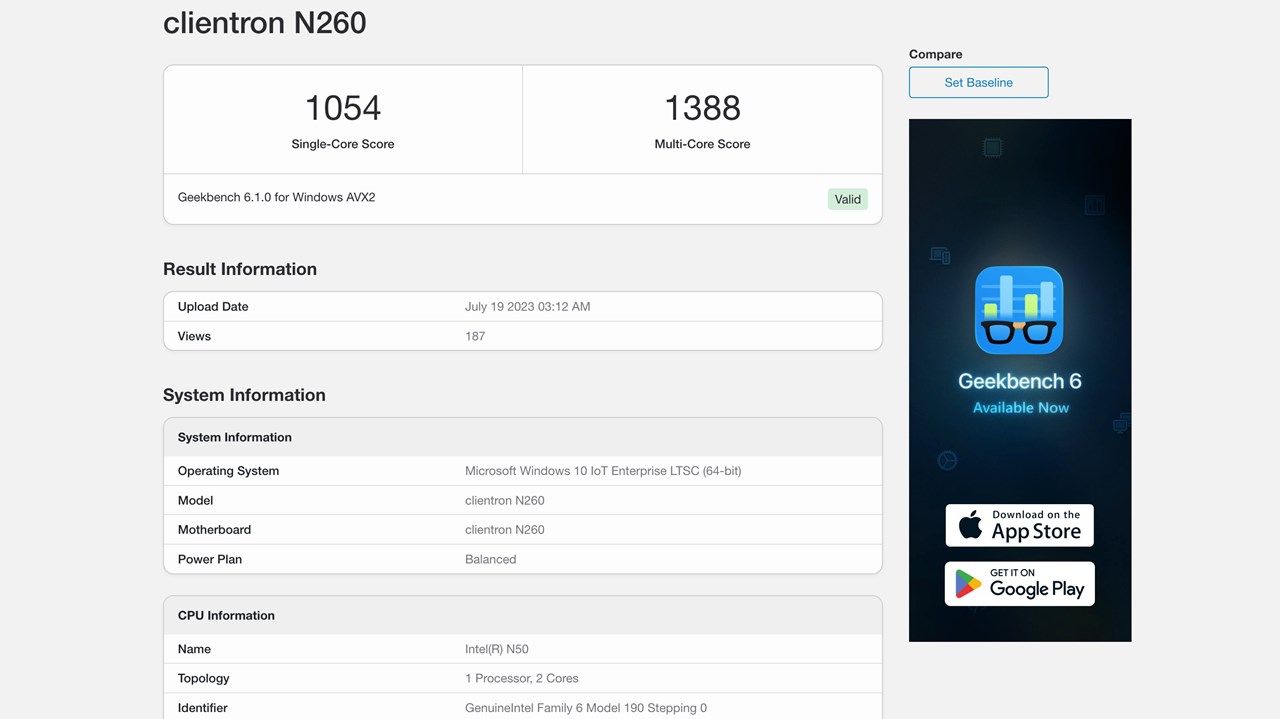 Intel N50 Geekbench 6
